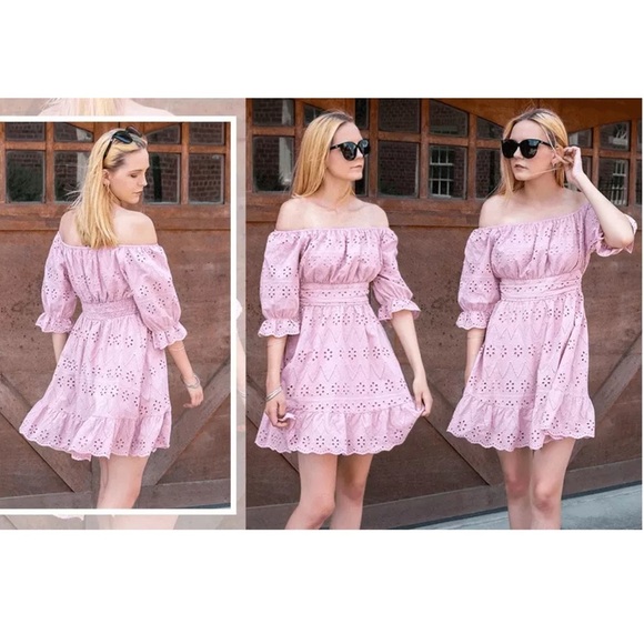Pretty Garden Eyelet Overlay Short Puff Sleeve Ruffle Hem Babydoll Boho Dresses - Picture 2 of 12
